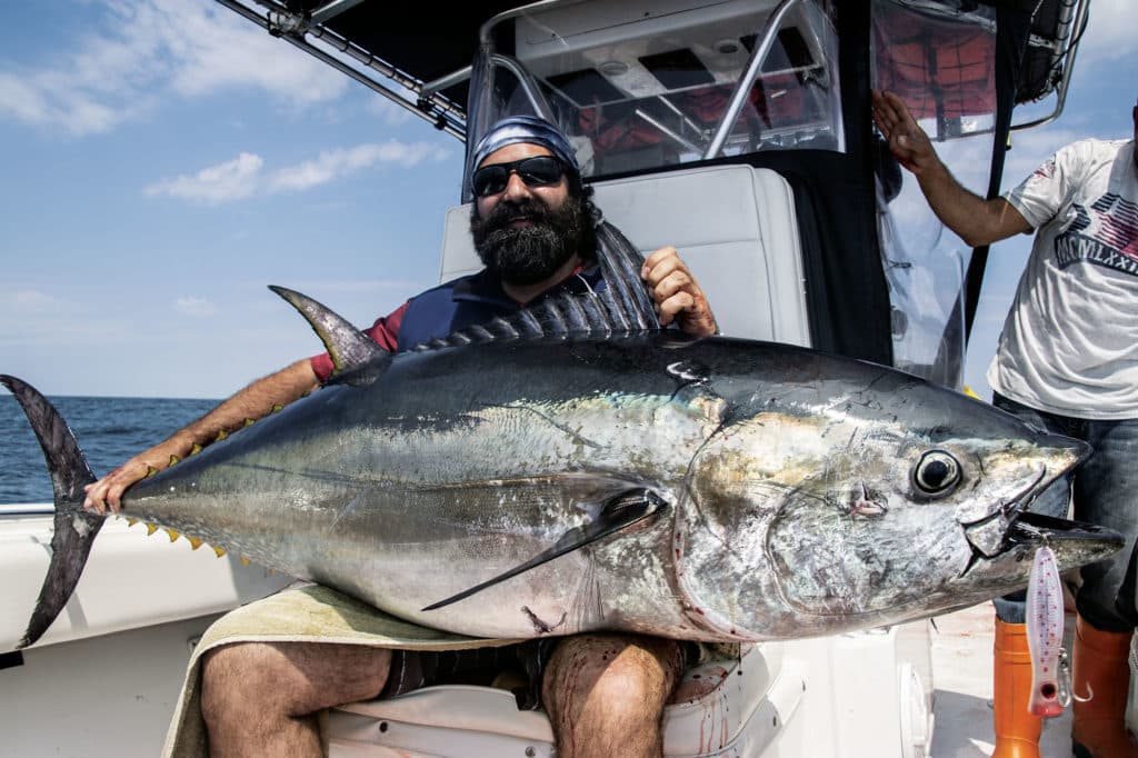 Large bluefin tuna onboard a fishing boat